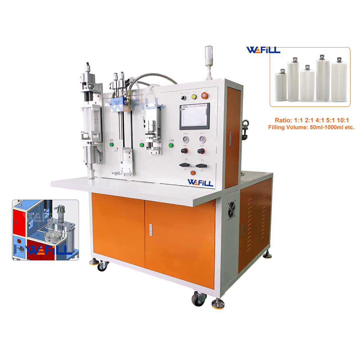 Semi-Automatic 1:1 Two Component AB Adhesive Filling Machine | High & Low Viscosity Filler for 50ml/200ml/400ml Cartridge with Platen + Vacuum Pressure Tank Supply