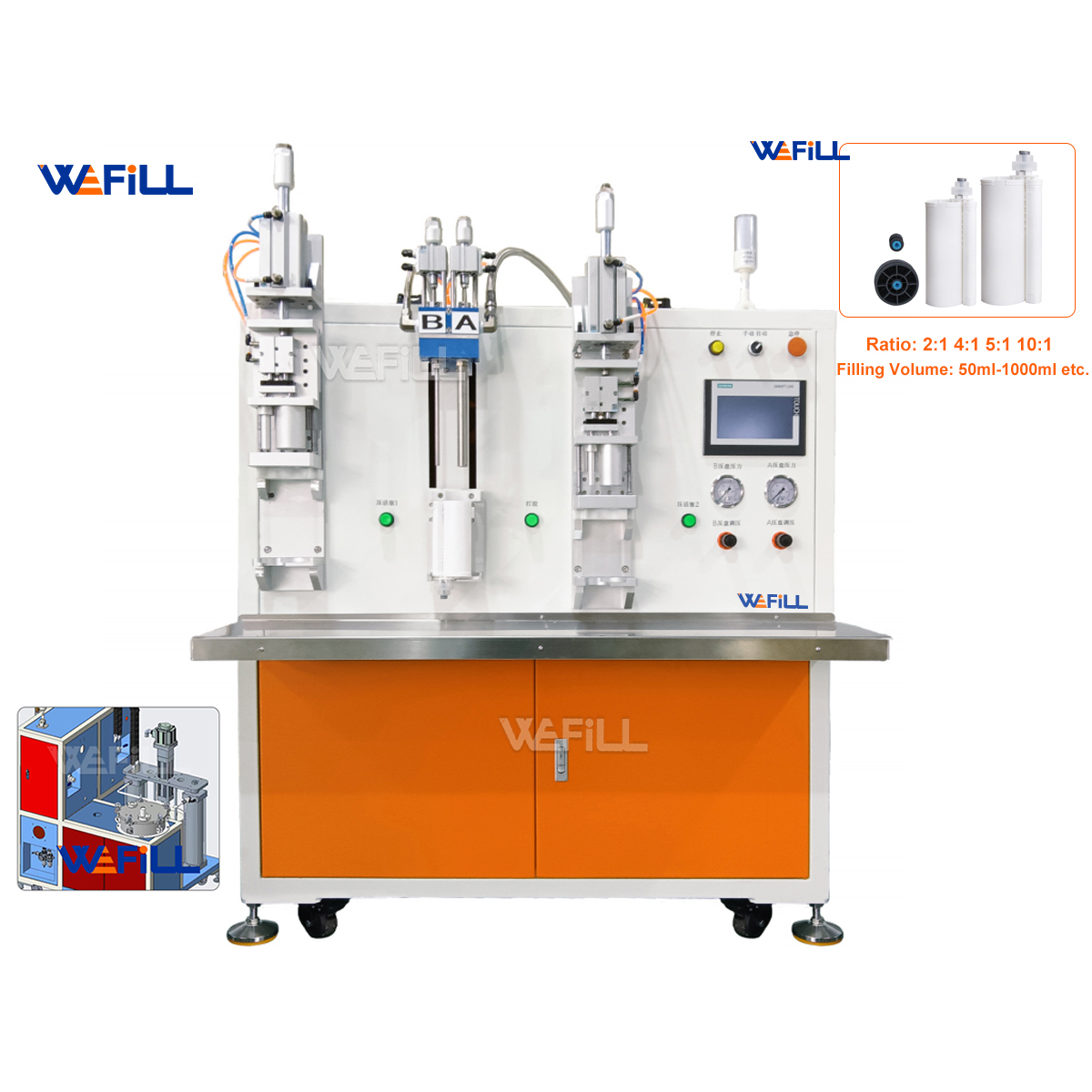 10:1 Ratio 2K Cartridge Filling Machine – Semi-Automatic AB Adhesive Filler for High/Low Viscosity, 50-490ml, Platen & Vacuum Pressure Tank Feed
