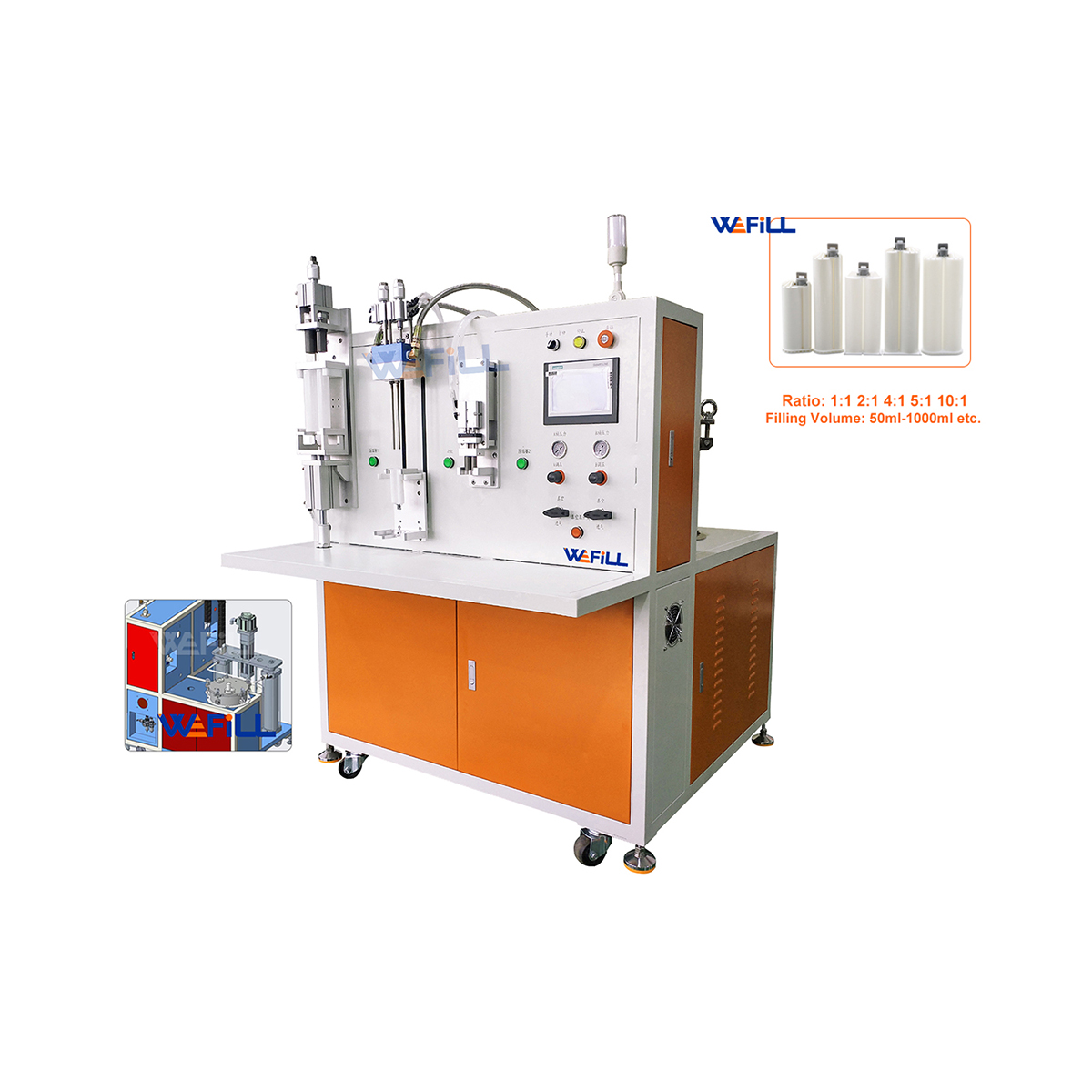 Semi-Automatic 1:1 Two Component AB Adhesive Filling Machine | High & Low Viscosity Filler for 50ml/200ml/400ml Cartridge with Platen + Vacuum Pressure Tank Supply