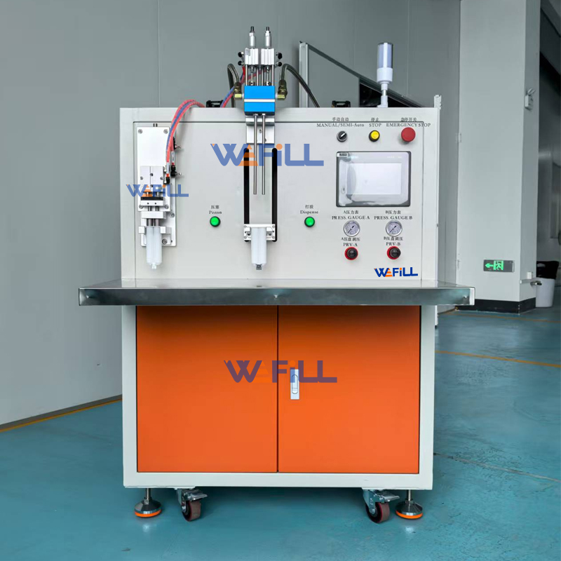 Front view of WEFILL-CAR-AB-F001 AB adhesive filling machine, showing the intelligent control panel, dispensing head, cartridge filling station, and precision metering system.