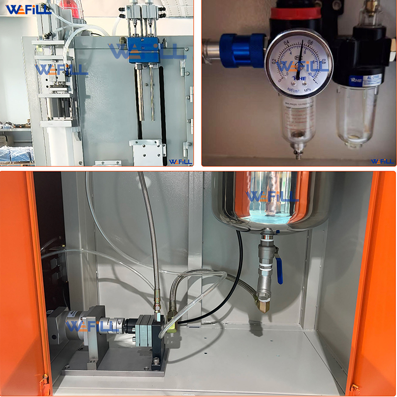 Detailed view of key components including precision metering pumps, dispensing valves, adhesive pipelines, cartridge fixtures, and pneumatic control parts.
