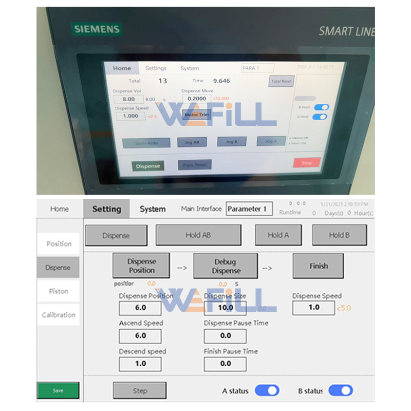 The Siemens PLC touchscreen interface allows operators to adjust AB adhesive ratio, filling volume, dispensing speed, and monitor machine operation status.