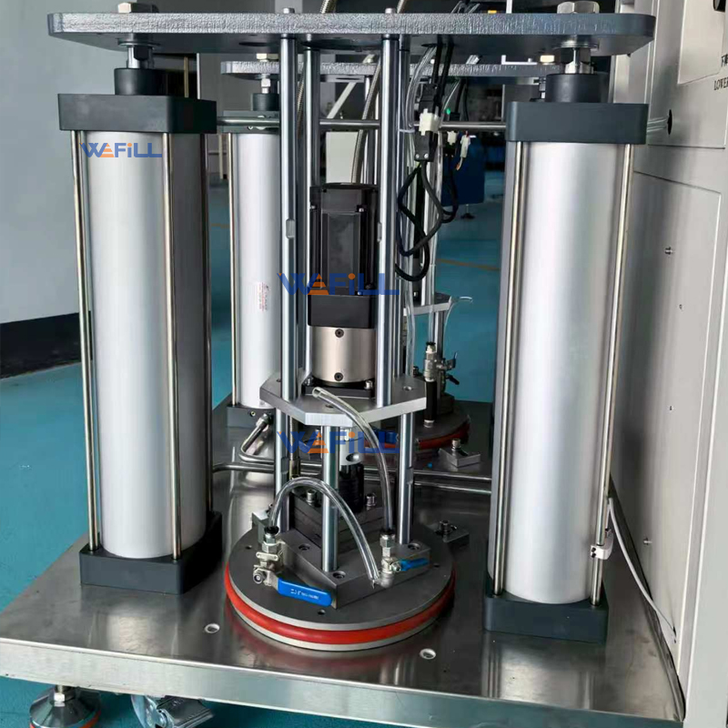 Detail of customized dual syringe piston pressing fixture for automated cap insertion and sealing on AB adhesive filling and capping machine with rear-mounted lifting device.